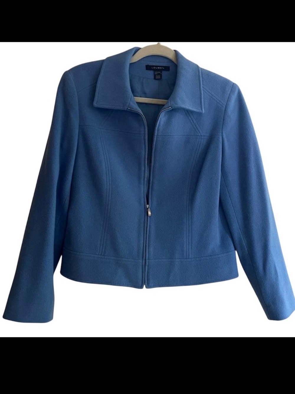 LOUBEN Blue Cropped Blazer Women's Sz 8 Wool Cashmere Blend Zipper Front Classic